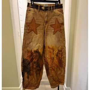 VBRT Vibrant Miu Howdy Horse Star Print Barrel Jeans XL Brown Western Cowgirl